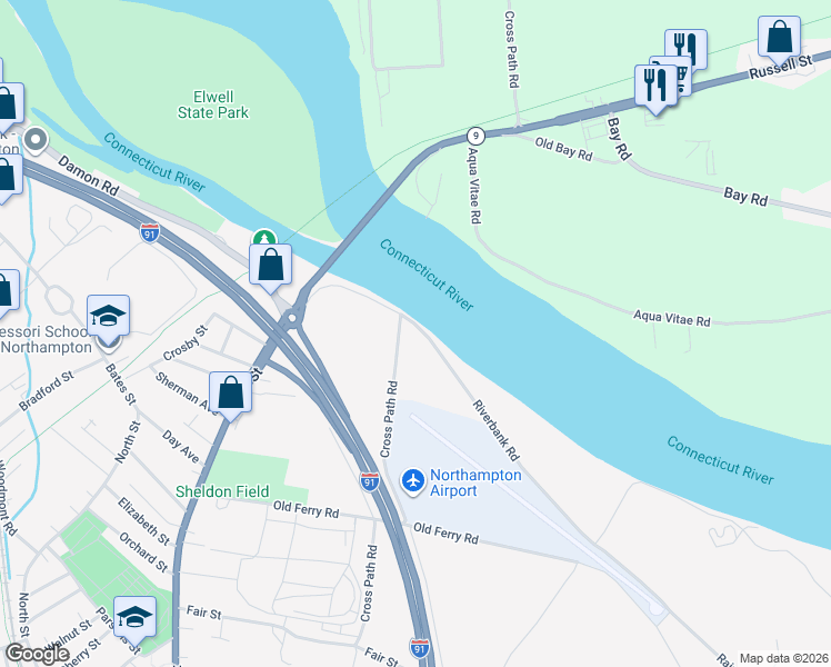 map of restaurants, bars, coffee shops, grocery stores, and more near 17 Cross Path Road in Northampton