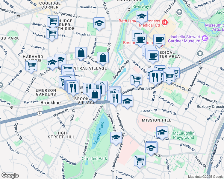 map of restaurants, bars, coffee shops, grocery stores, and more near 382 Riverway in Boston