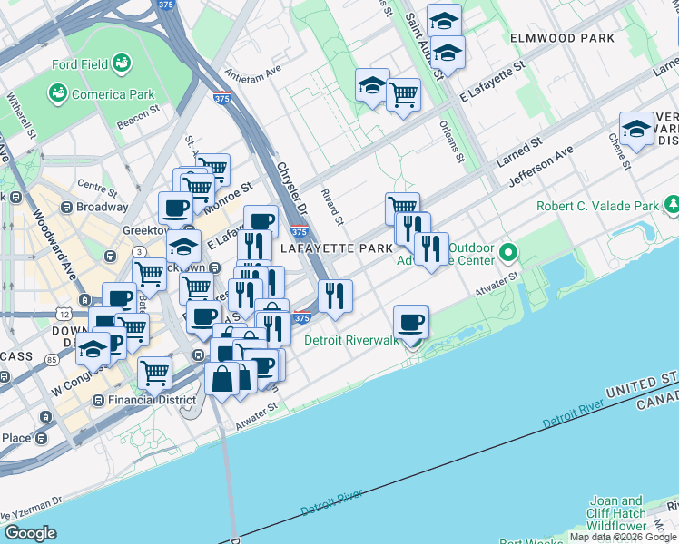 map of restaurants, bars, coffee shops, grocery stores, and more near 965 East Jefferson Avenue in Detroit