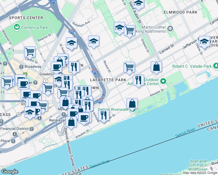 map of restaurants, bars, coffee shops, grocery stores, and more near 965 East Jefferson Avenue in Detroit