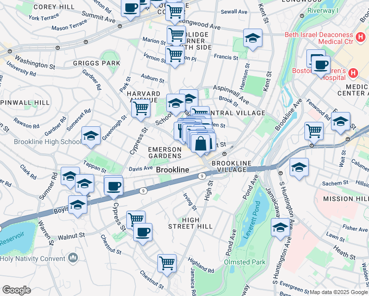 map of restaurants, bars, coffee shops, grocery stores, and more near 284 Washington Street in Brookline