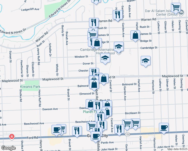 map of restaurants, bars, coffee shops, grocery stores, and more near in Garden City