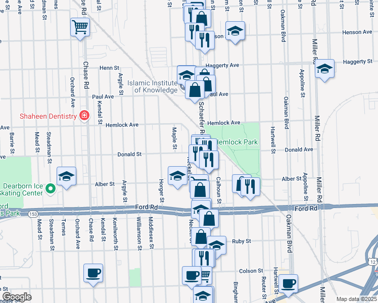 map of restaurants, bars, coffee shops, grocery stores, and more near 6001 Neckel Street in Dearborn