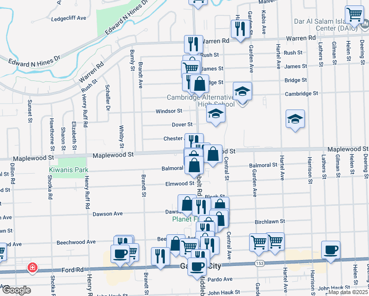 map of restaurants, bars, coffee shops, grocery stores, and more near 29454 Maplewood Street in Garden City
