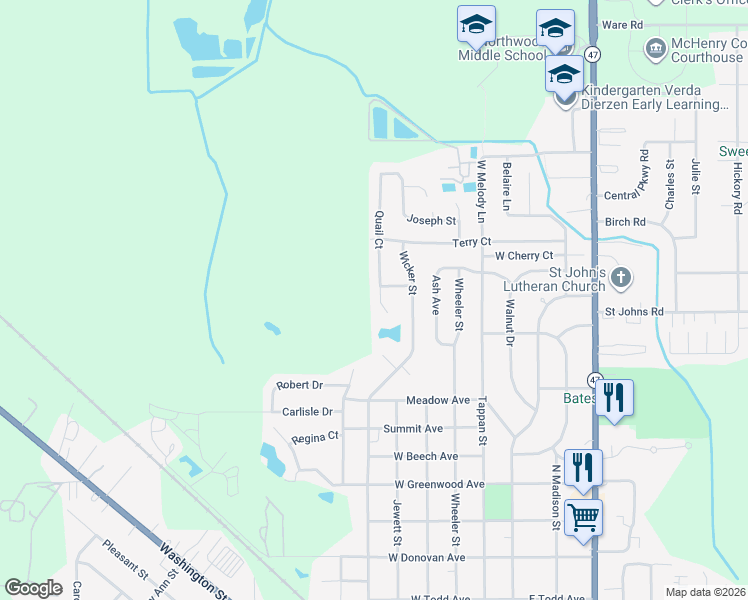 map of restaurants, bars, coffee shops, grocery stores, and more near 1749 Quail Court in Woodstock