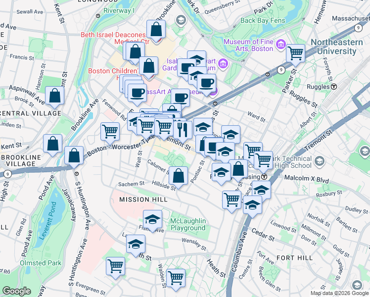map of restaurants, bars, coffee shops, grocery stores, and more near 1574 Tremont Street in Boston