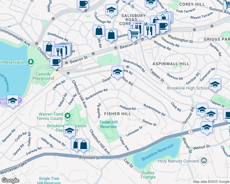 map of restaurants, bars, coffee shops, grocery stores, and more near 270 Buckminster Road in Brookline
