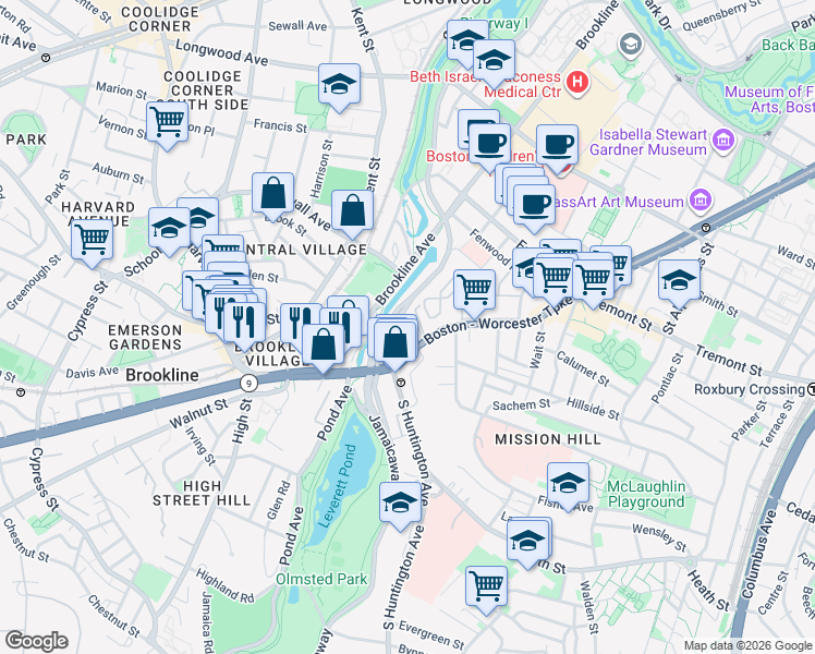 map of restaurants, bars, coffee shops, grocery stores, and more near 382 Riverway in Boston