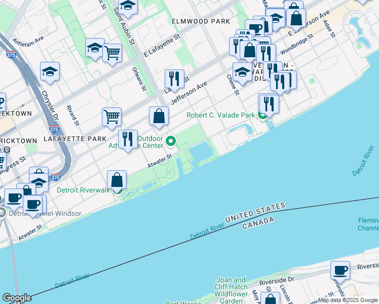 map of restaurants, bars, coffee shops, grocery stores, and more near 1900 Atwater Street in Detroit