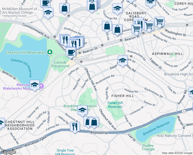 map of restaurants, bars, coffee shops, grocery stores, and more near 184 Dean Road in Brookline