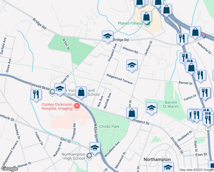 map of restaurants, bars, coffee shops, grocery stores, and more near 44 Calvin Terrace in Northampton