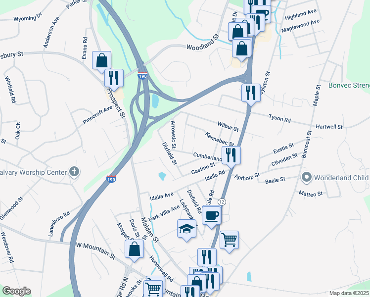 map of restaurants, bars, coffee shops, grocery stores, and more near 21 Cumberland Street in Worcester