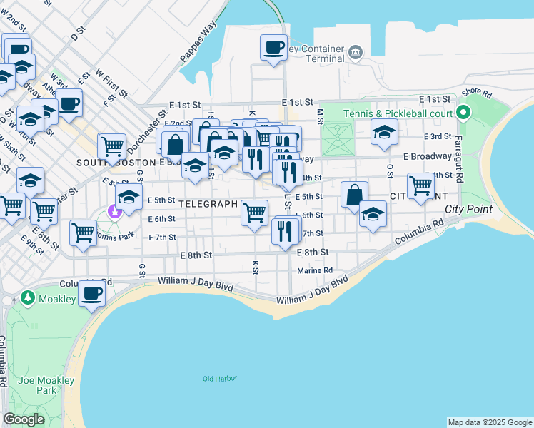 map of restaurants, bars, coffee shops, grocery stores, and more near 589 East 6th Street in Boston