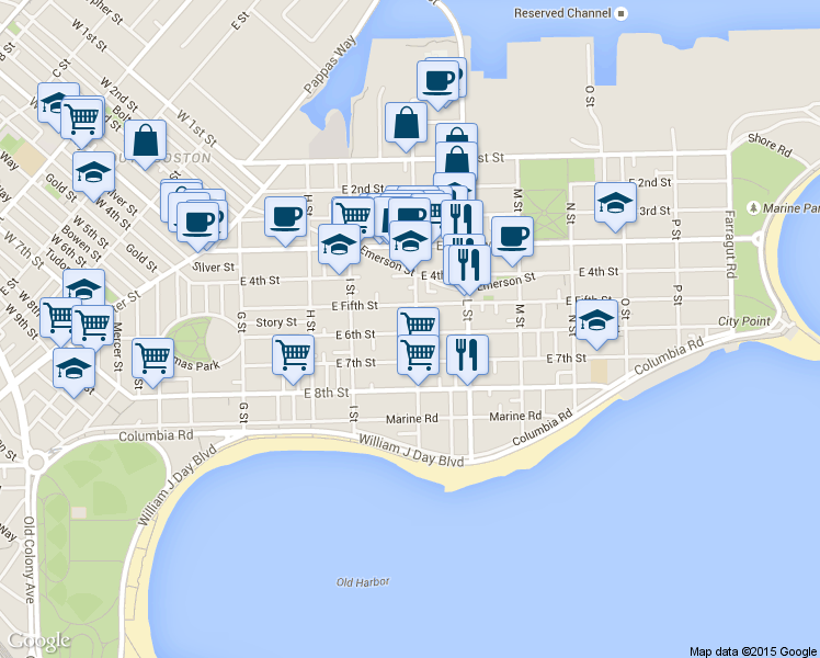 map of restaurants, bars, coffee shops, grocery stores, and more near 589 East 6th Street in Boston