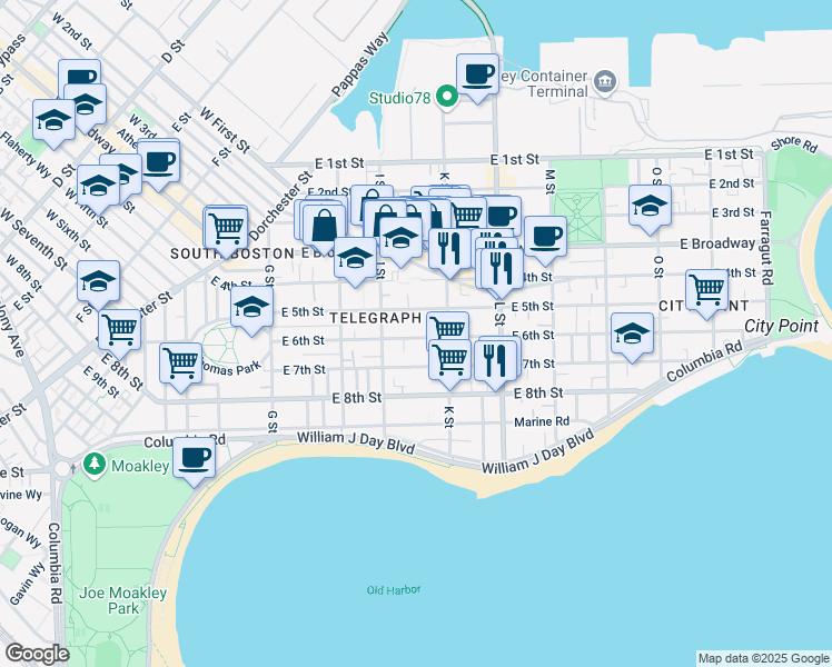 map of restaurants, bars, coffee shops, grocery stores, and more near 553 East 6th Street in Boston