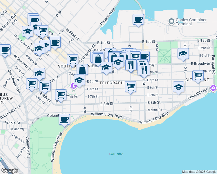 map of restaurants, bars, coffee shops, grocery stores, and more near 151 I Street in Boston