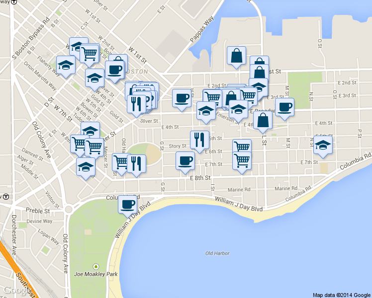 map of restaurants, bars, coffee shops, grocery stores, and more near 145 H Street in Boston