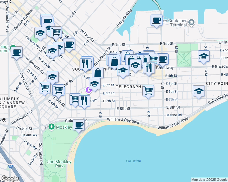 map of restaurants, bars, coffee shops, grocery stores, and more near 145 H Street in Boston