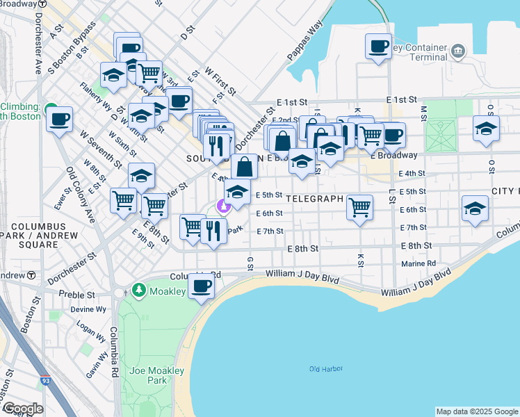 map of restaurants, bars, coffee shops, grocery stores, and more near 434 East 6th Street in Boston
