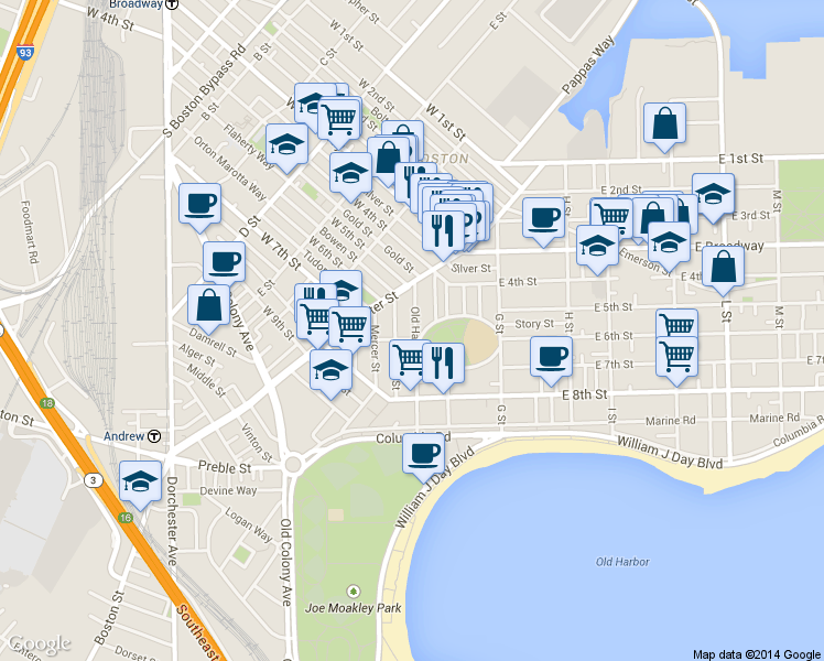 map of restaurants, bars, coffee shops, grocery stores, and more near 53 Old Harbor Street in Boston