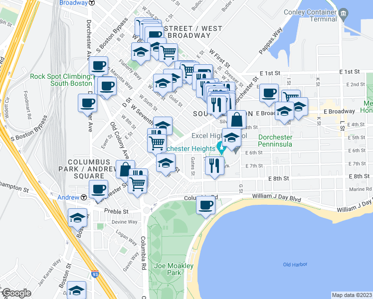 map of restaurants, bars, coffee shops, grocery stores, and more near 22 Mercer Street in Boston