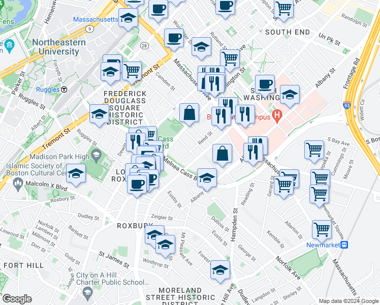 map of restaurants, bars, coffee shops, grocery stores, and more near 41 Thorndike Street in Boston