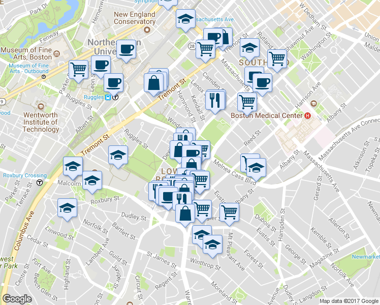 map of restaurants, bars, coffee shops, grocery stores, and more near 723 Shawmut Avenue in Boston