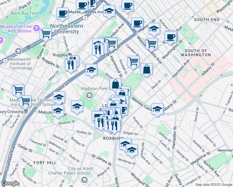 map of restaurants, bars, coffee shops, grocery stores, and more near 723 Shawmut Avenue in Boston