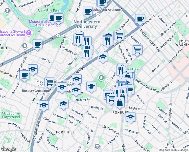 map of restaurants, bars, coffee shops, grocery stores, and more near 1-9 Whittier Street in Boston