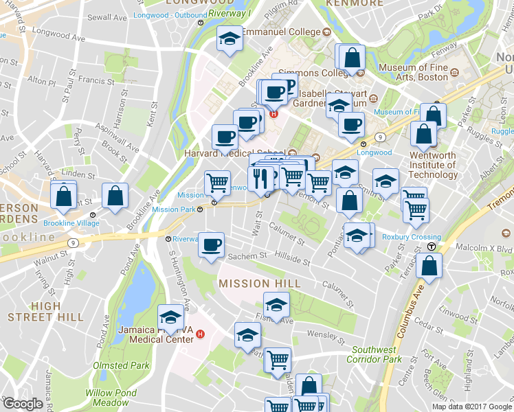 map of restaurants, bars, coffee shops, grocery stores, and more near in Boston