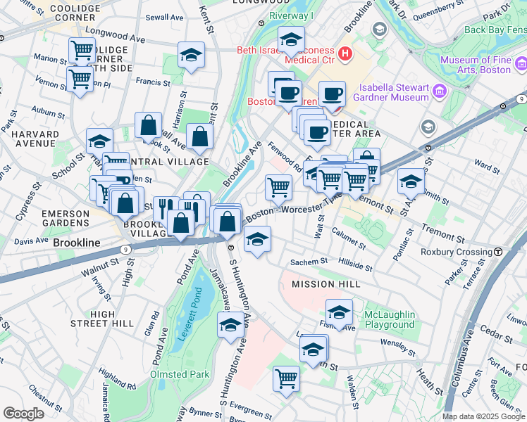 map of restaurants, bars, coffee shops, grocery stores, and more near 852 Huntington Avenue in Boston