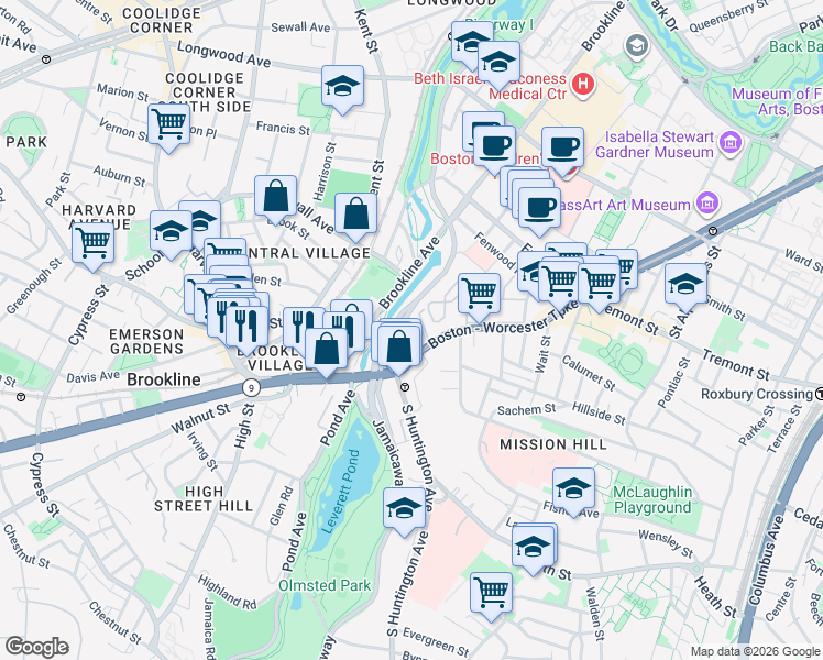 map of restaurants, bars, coffee shops, grocery stores, and more near 382 Riverway in Boston