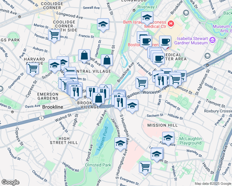 map of restaurants, bars, coffee shops, grocery stores, and more near 382 Riverway in Boston