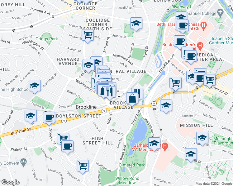 map of restaurants, bars, coffee shops, grocery stores, and more near in Brookline