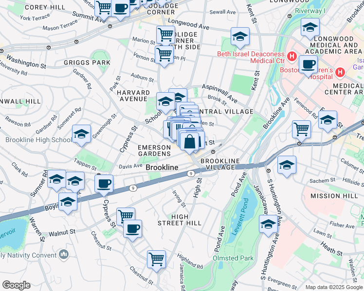map of restaurants, bars, coffee shops, grocery stores, and more near 284 Washington Street in Brookline