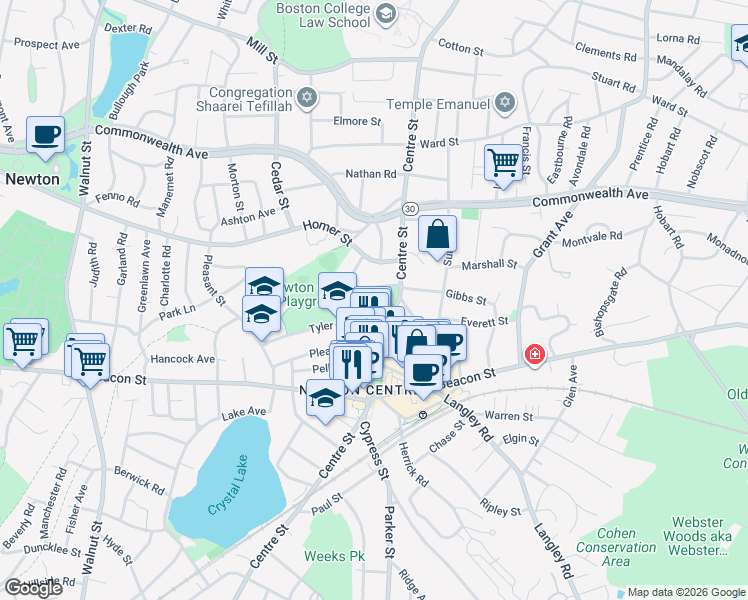 map of restaurants, bars, coffee shops, grocery stores, and more near 3 Willow Terrace in Newton