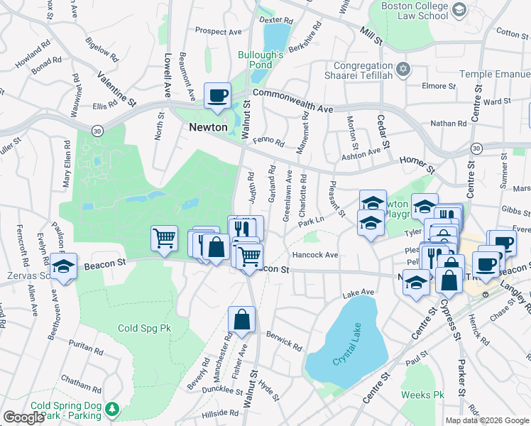 map of restaurants, bars, coffee shops, grocery stores, and more near 76 Judith Road in Newton
