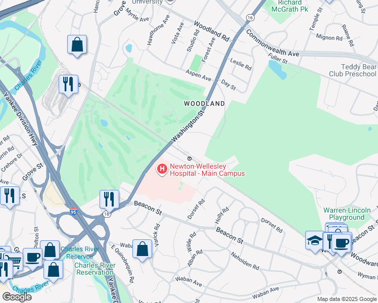 map of restaurants, bars, coffee shops, grocery stores, and more near 30 Longfellow Road in Newton