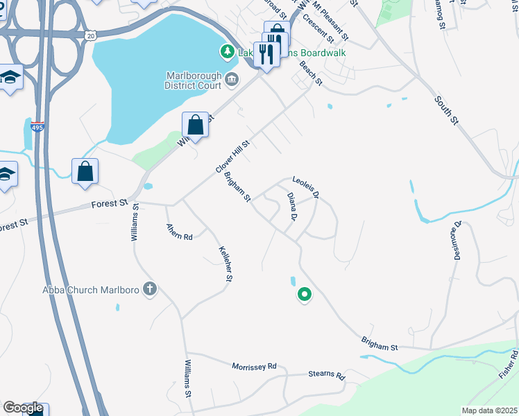 map of restaurants, bars, coffee shops, grocery stores, and more near 607 Brigham Street in Marlborough