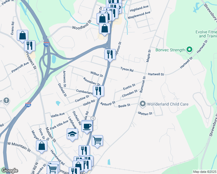 map of restaurants, bars, coffee shops, grocery stores, and more near 55 Darrow Street in Worcester