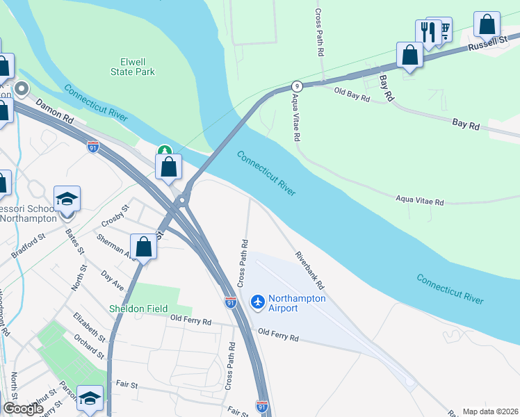 map of restaurants, bars, coffee shops, grocery stores, and more near 17 Cross Path Road in Northampton