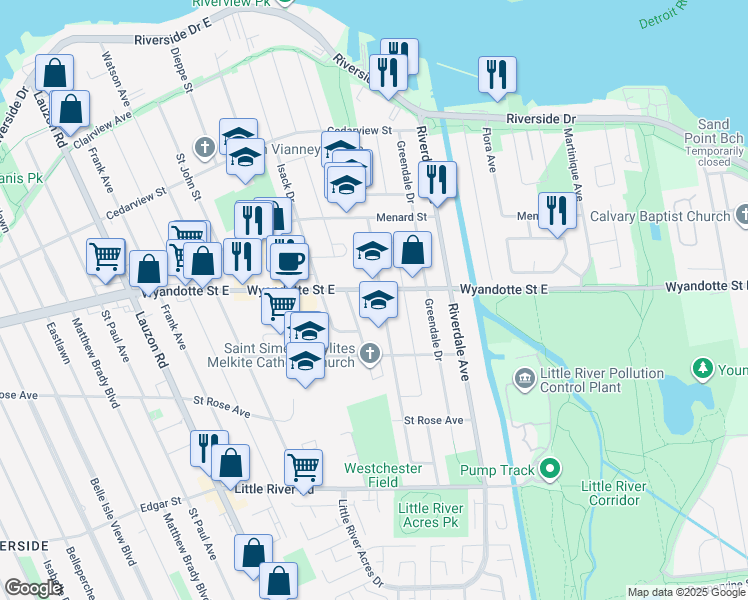 map of restaurants, bars, coffee shops, grocery stores, and more near 8855 Wyandotte Street East in Windsor
