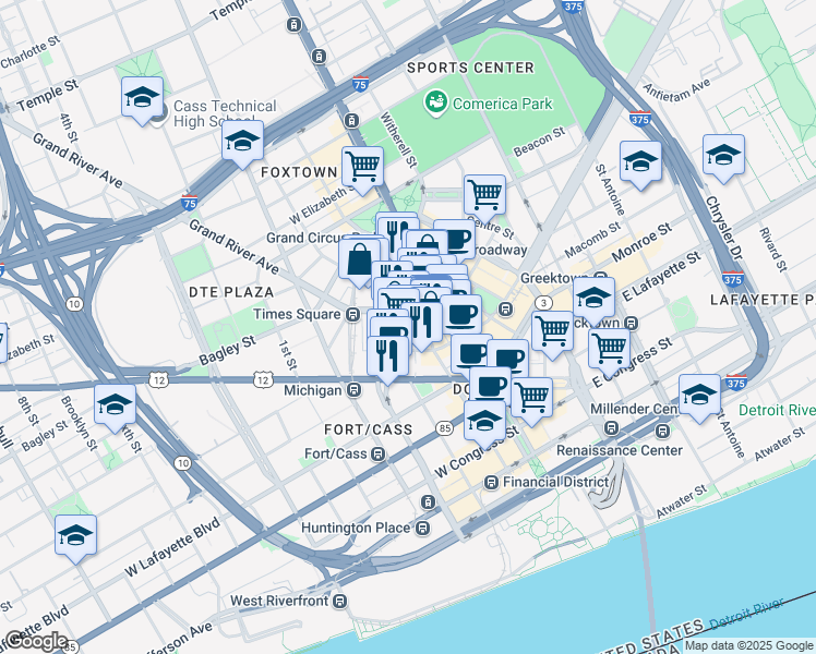 map of restaurants, bars, coffee shops, grocery stores, and more near 1119 Washington Boulevard in Detroit