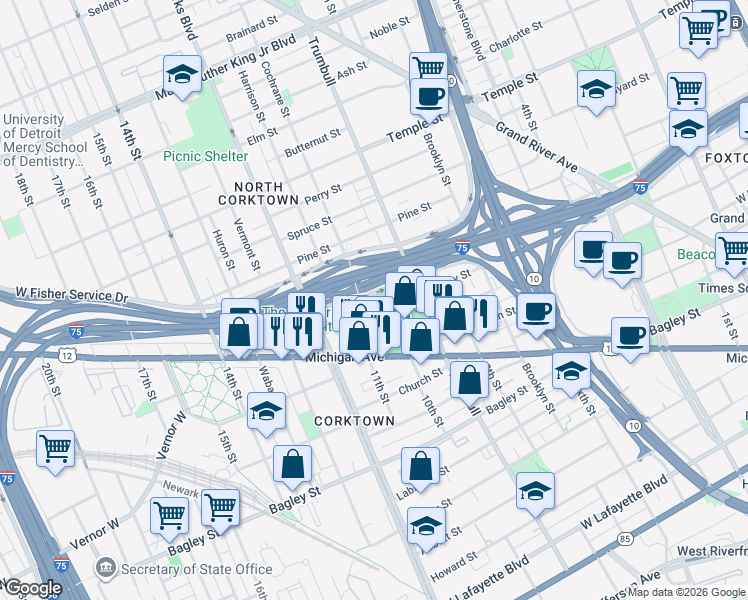 map of restaurants, bars, coffee shops, grocery stores, and more near 2610 Cochrane Street in Detroit