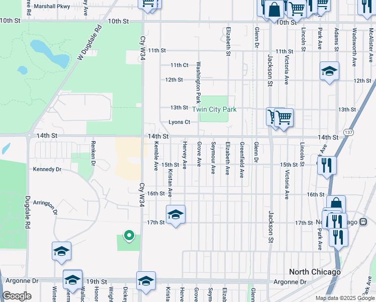 map of restaurants, bars, coffee shops, grocery stores, and more near 1435 Hervey Avenue in North Chicago