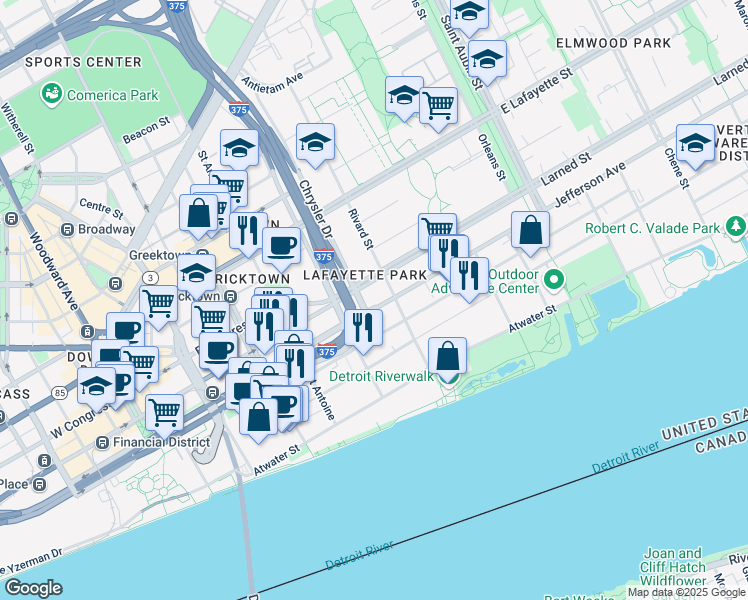 map of restaurants, bars, coffee shops, grocery stores, and more near 975 East Jefferson Avenue in Detroit