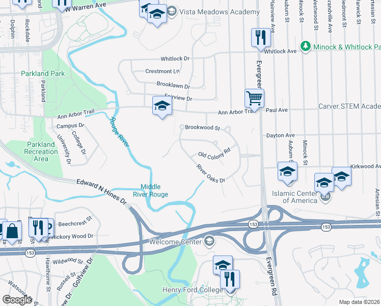 map of restaurants, bars, coffee shops, grocery stores, and more near 20516 River Oaks Drive in Dearborn Heights