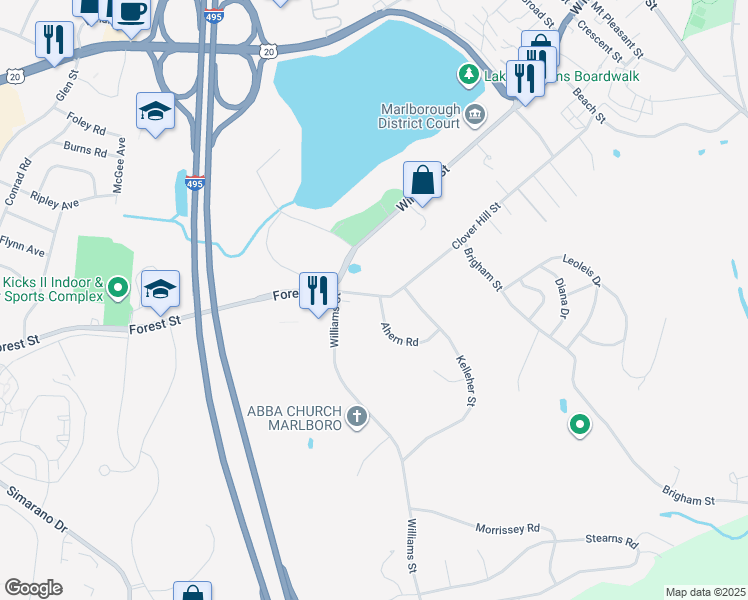 map of restaurants, bars, coffee shops, grocery stores, and more near 5 Ahern Road in Marlborough