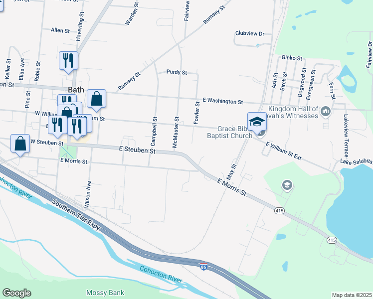 map of restaurants, bars, coffee shops, grocery stores, and more near 223 East Steuben Street in Bath