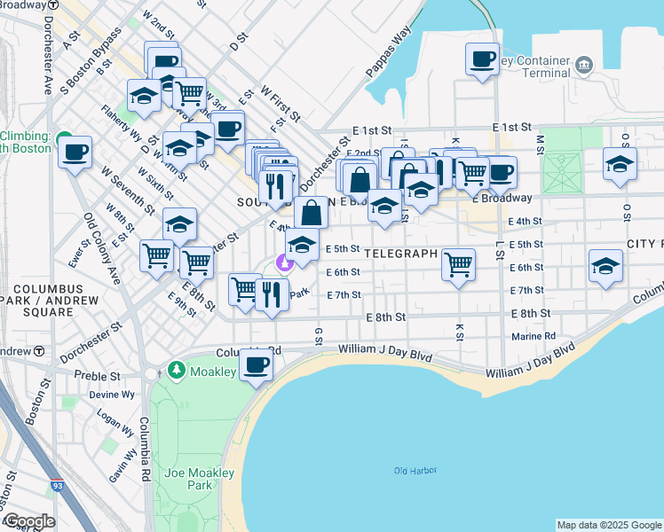 map of restaurants, bars, coffee shops, grocery stores, and more near 434 East 6th Street in Boston